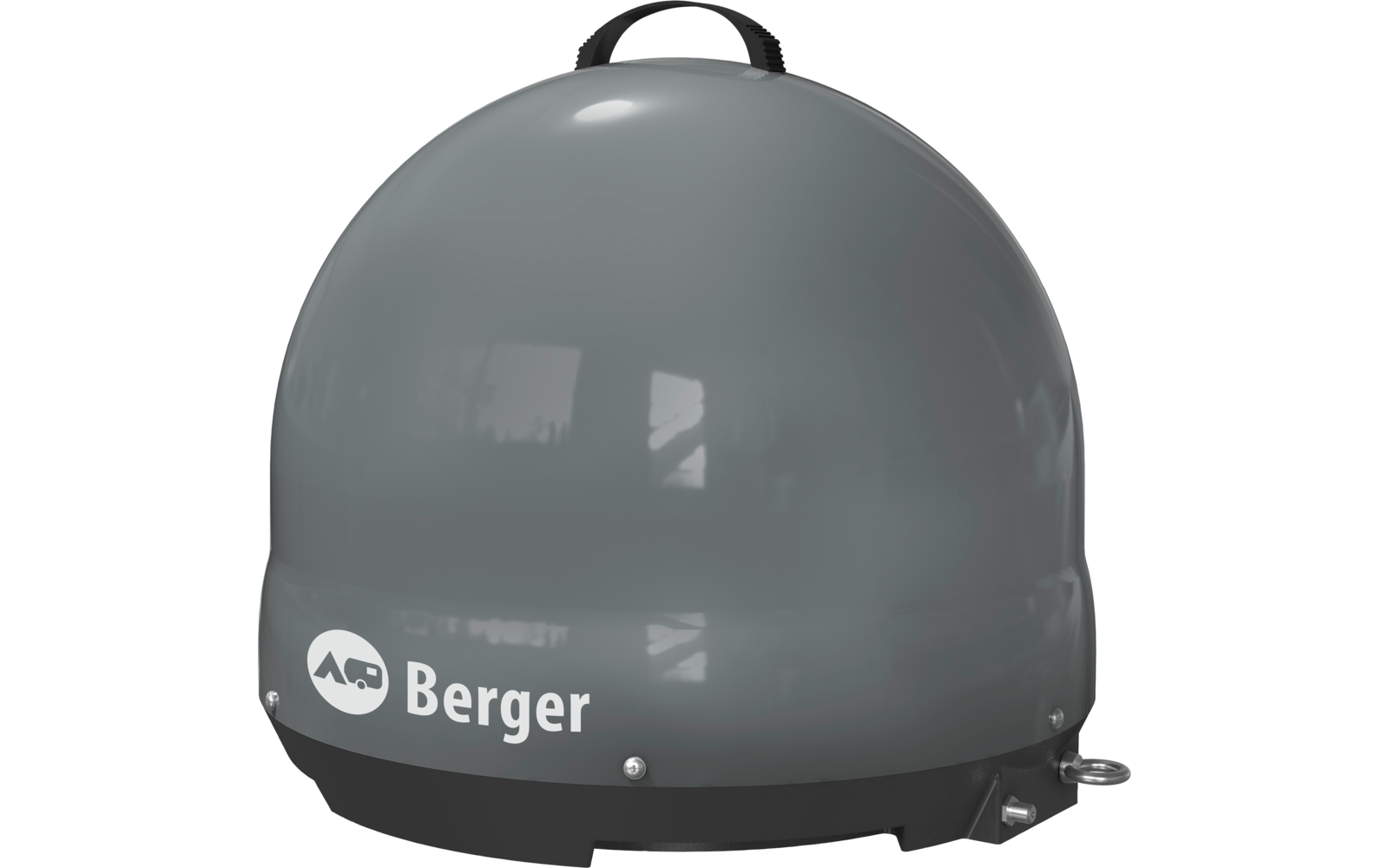 Graue runde Satellitenschüssel mit dem Logo von AHD Berger