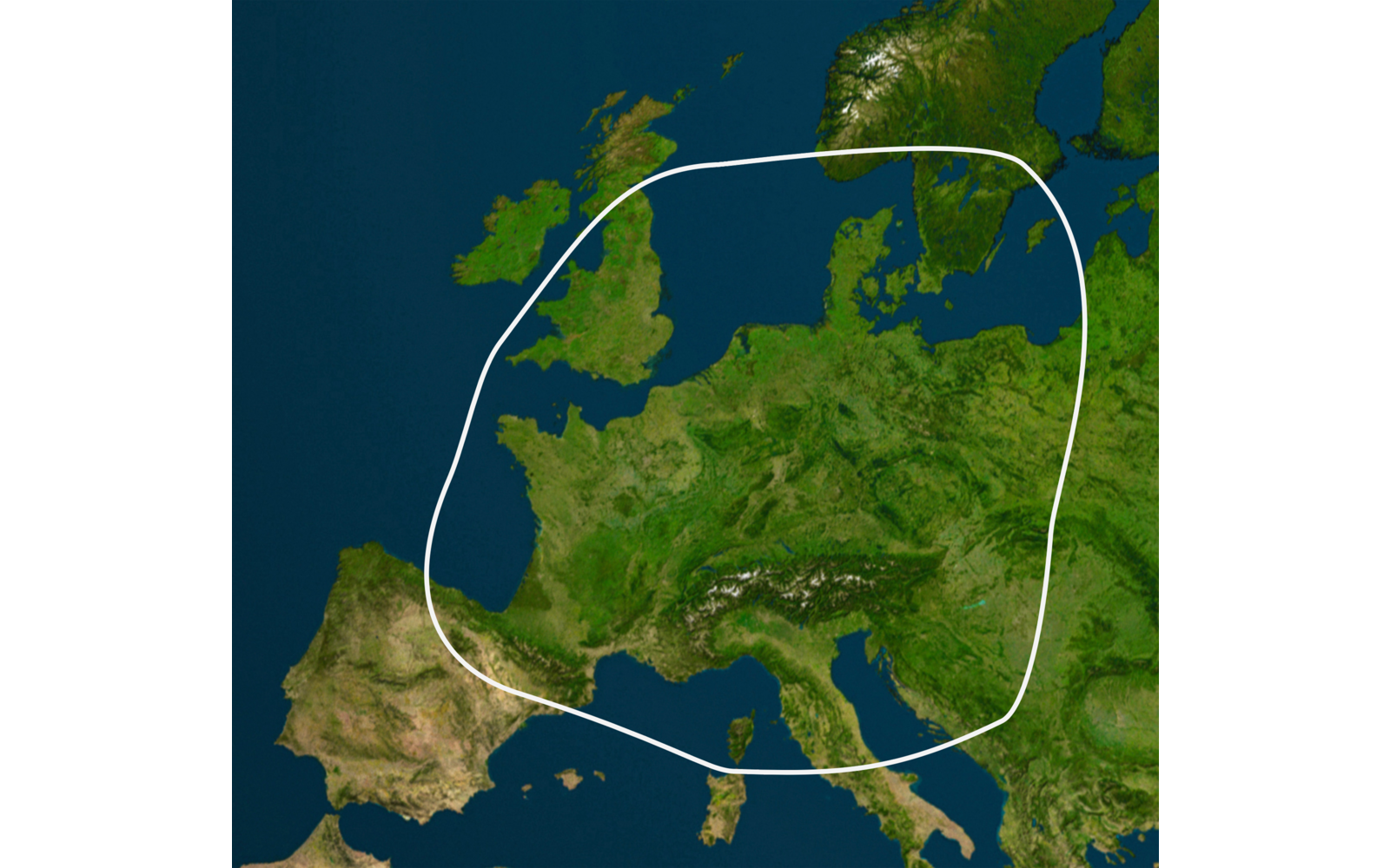 Satellitenbild von Europa mit einem weißen Kreis um Mitteleuropa