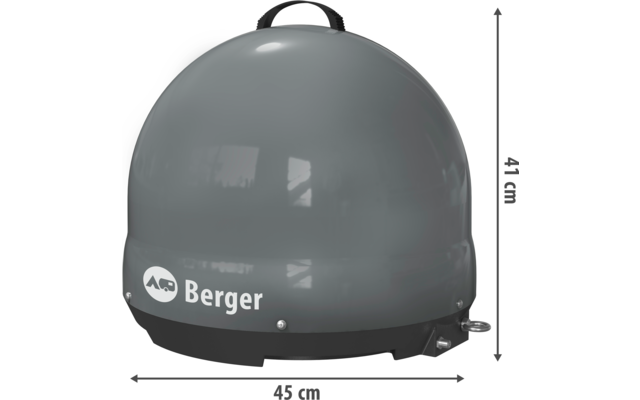 Graue runde Satellitenschüssel mit schwarzem Sockel, seitlich mit Maßen 46 cm Breite, 41 cm Tiefe und 49 cm Höhe