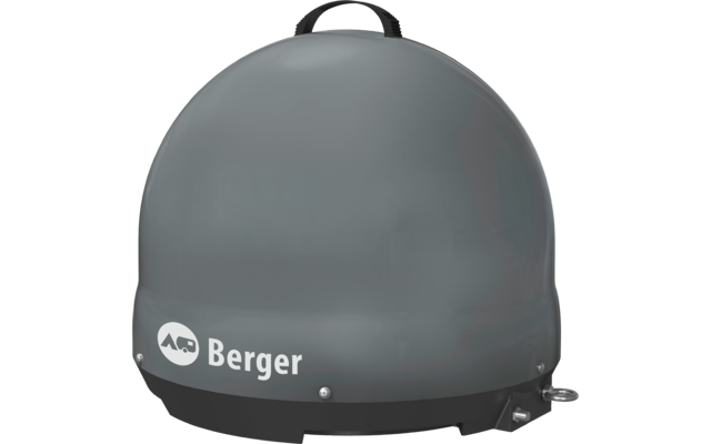 Graue runde Satellitenschüssel mit dem Logo von AHD Berger
