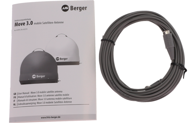 Folded manual showing two dome-shaped antennas and Berger logo on the left; coiled gray cable with connector on the right, white background
