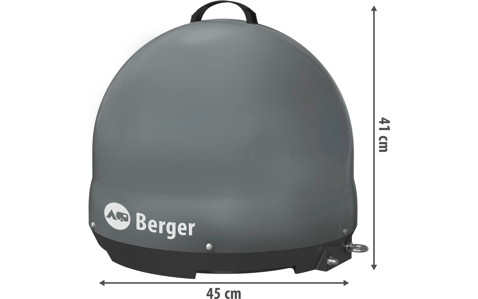 Gray round satellite dish with black base, side dimensions 46 cm width, 41 cm depth, and 49 cm height