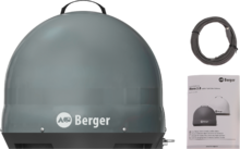 Appareil gris en forme de dôme avec poignée supérieure et logo blanc "Berger", câble noir enroulé et notice pliée montrant le dôme