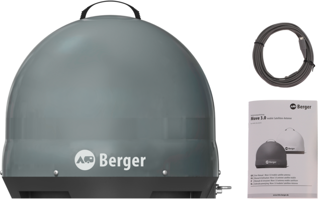 Gray dome-shaped device with top handle and white "Berger" logo, coiled black cable and folded instruction leaflet showing the dome