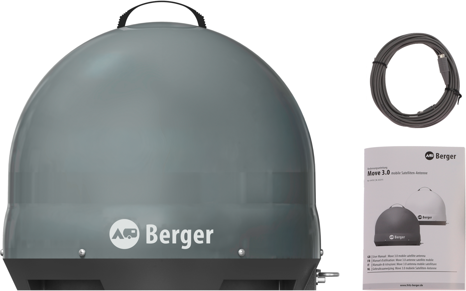Gray dome-shaped device with top handle and white "Berger" logo, coiled black cable and folded instruction leaflet showing the dome