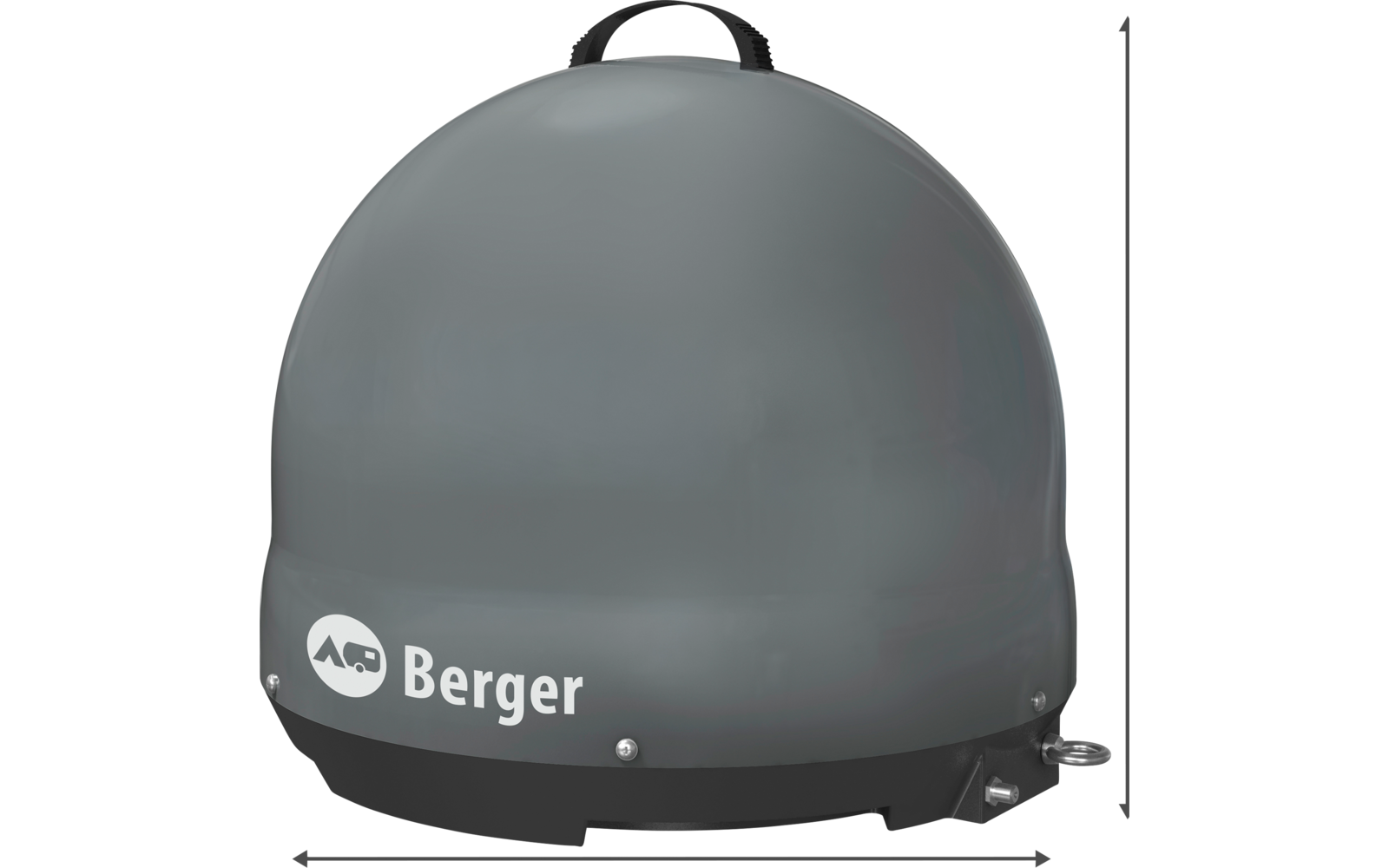 Antenne satellite ronde grise avec base noire, dimensions latérales 46 cm largeur, 41 cm profondeur et 49 cm hauteur