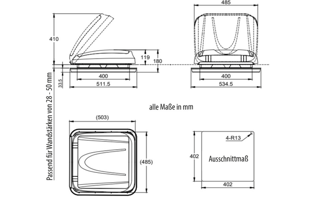 Technical drawing showing side, front and top views of a rectangular enclosure; open lid shown as dashed outline; multiple dimension annotations in mm (e.g., 410, 485, 400, 511.5, 534.5, 119, 180, 33.2, 402) and labels 'alle Maße in mm', 'Passend für Wandstärken von 28 - 50 mm', 'Ausschnittmaß'
