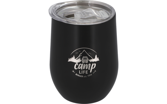 Zwarte geïsoleerde thermosbeker met doorzichtige deksel en Camp-logo