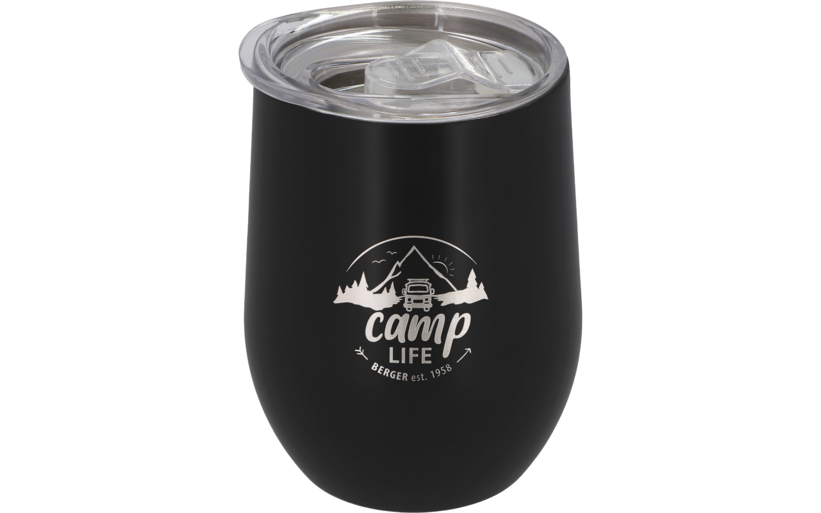 Zwarte geïsoleerde thermosbeker met doorzichtige deksel en Camp-logo