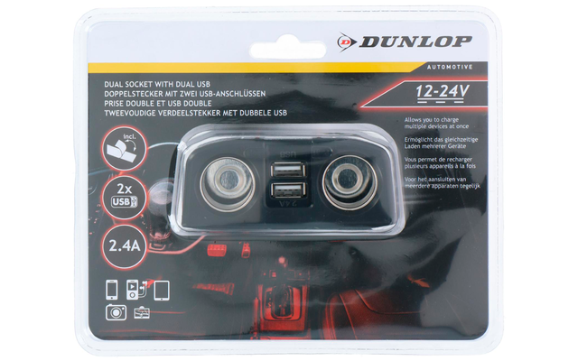 Prise Dunlop double 12/24 V avec 2 x USB