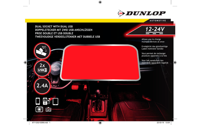 Prise Dunlop double 12/24 V avec 2 x USB