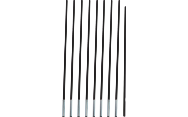 Acht dünne schwarze Stäbe mit hellblauen Enden, nebeneinander stehend
