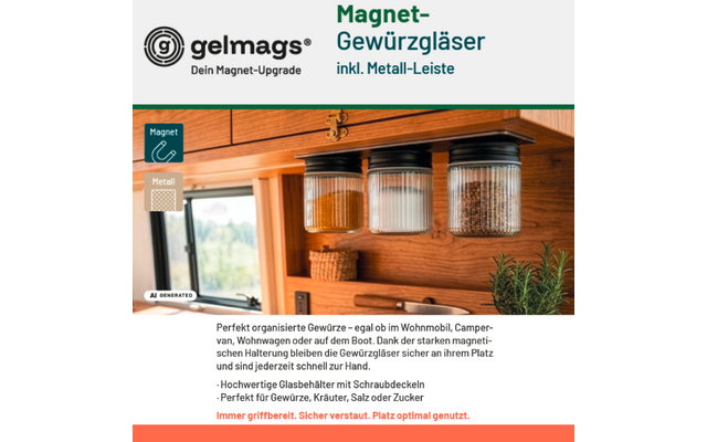 Drie transparante kruidenpotjes met zwarte schroefdeksels aan een metalen strip onder een houten plank; links een raam, op de achtergrond een gevlochten mand op een plank, rechts een potplant; linksboven het 'gelmags'-logo en de tekst 'Magnet-Gewürzgläser'