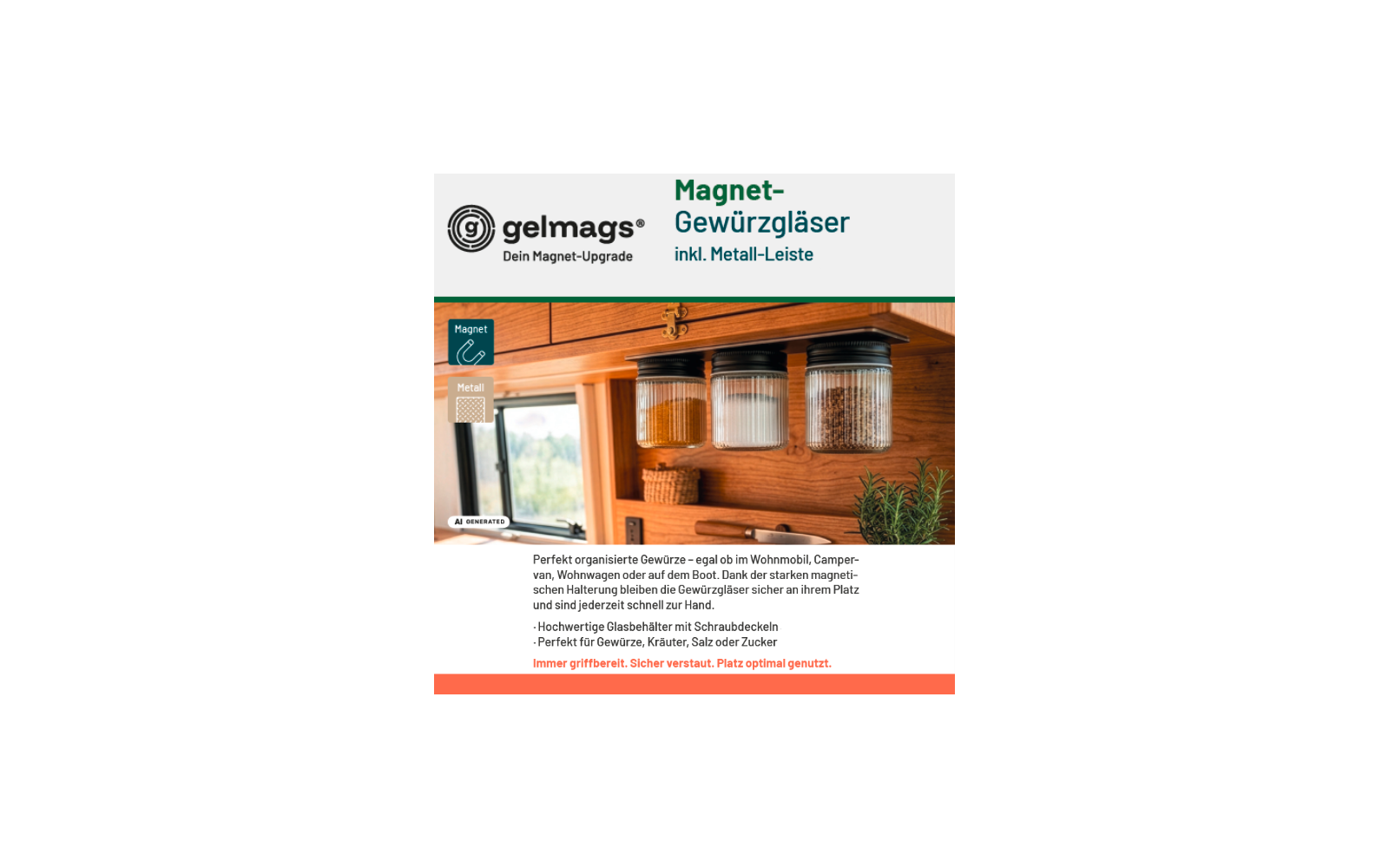 Drie transparante kruidenpotjes met zwarte schroefdeksels aan een metalen strip onder een houten plank; links een raam, op de achtergrond een gevlochten mand op een plank, rechts een potplant; linksboven het 'gelmags'-logo en de tekst 'Magnet-Gewürzgläser'