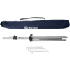Folded silver tripod with black central clamp, three L-shaped hex keys and a blue carrying bag labeled Berger