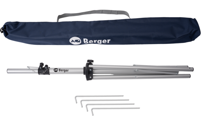 Folded silver tripod with black central clamp, three L-shaped hex keys and a blue carrying bag labeled Berger