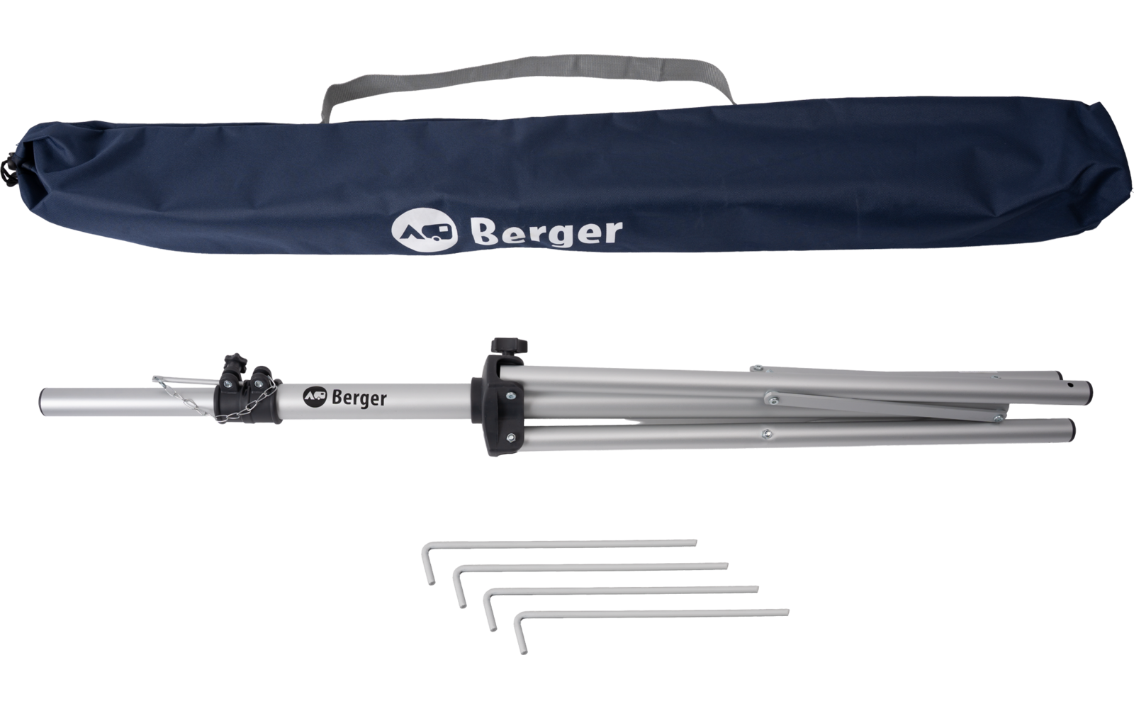 Folded silver tripod with black central clamp, three L-shaped hex keys and a blue carrying bag labeled Berger
