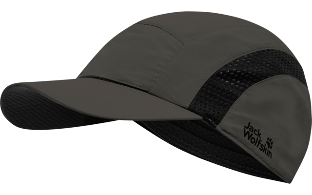 Graue Kappe mit kurzem Schirm, mit Netzeinsätzen und Jack Wolfskin-Logo an der Seite