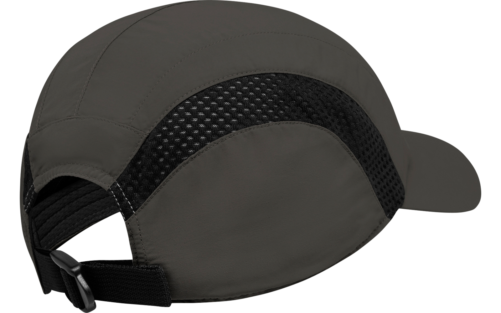 Dunkelgraue Kappe mit Netz-Einsatz, verstellbarem Riemen und kurzem Schirm, Seiten- und Rückansicht