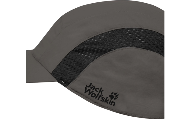 Graue Kappe mit schwarzem Mesh-Einsatz und aufgedrucktem "Jack Wolfskin"-Logo mit Pfotenabdruck