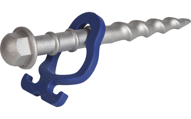 Vite metallica argentata con testa esagonale e gambo a spirale; clip di plastica blu fissato ad essa