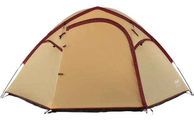 Beiges Kuppelzelt mit bordeauxroter Einfassung und geschlossener Frontöffnung