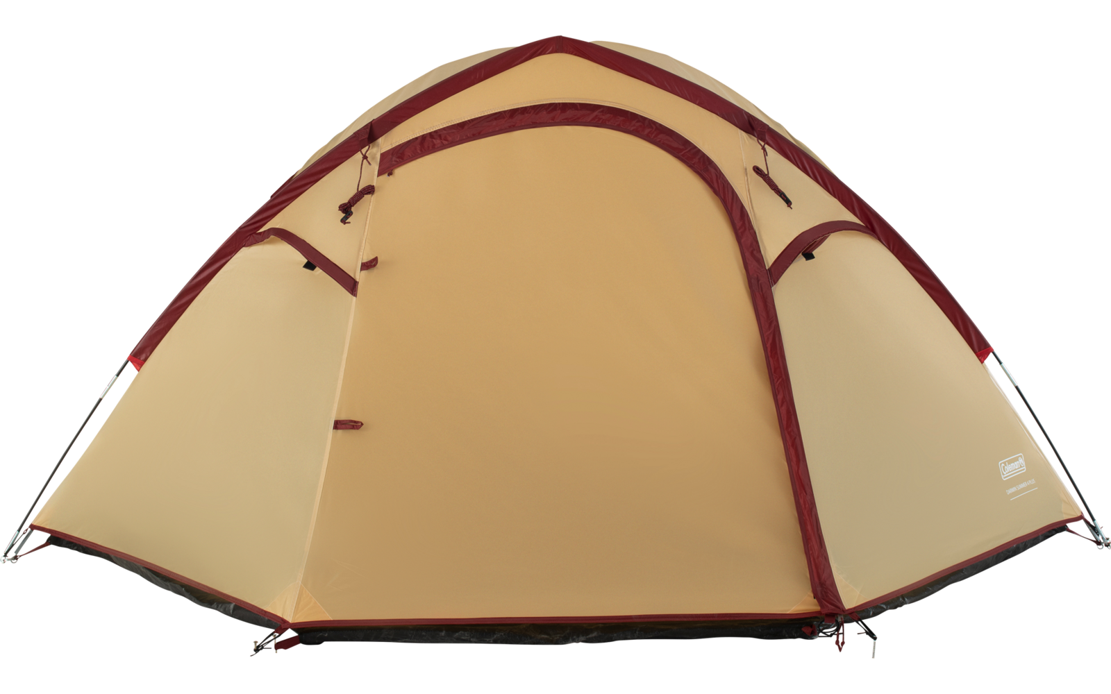 Beiges Kuppelzelt mit bordeauxroter Einfassung und geschlossener Frontöffnung