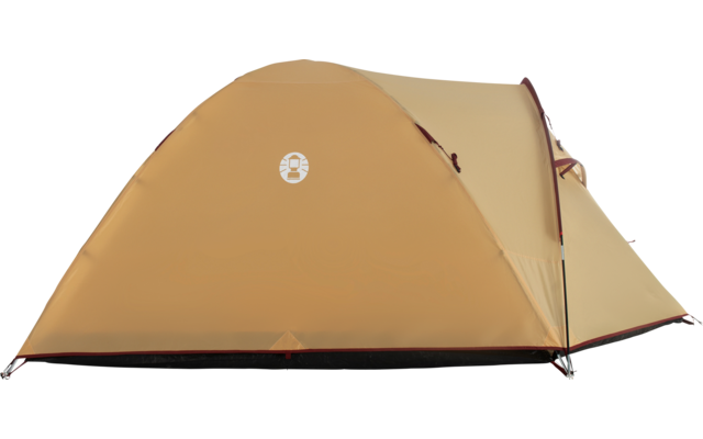 Gelb-orangenes Kuppelzelt auf weißem Hintergrund, Seitenwand mit rundem weißen Logo