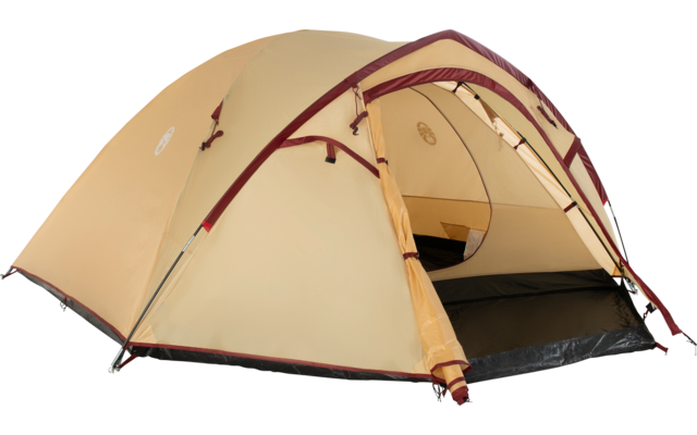 Beiges Kuppelzelt mit geöffnetem Eingang, dunklem Bodenbelag und dunkelroten Gestängebögen