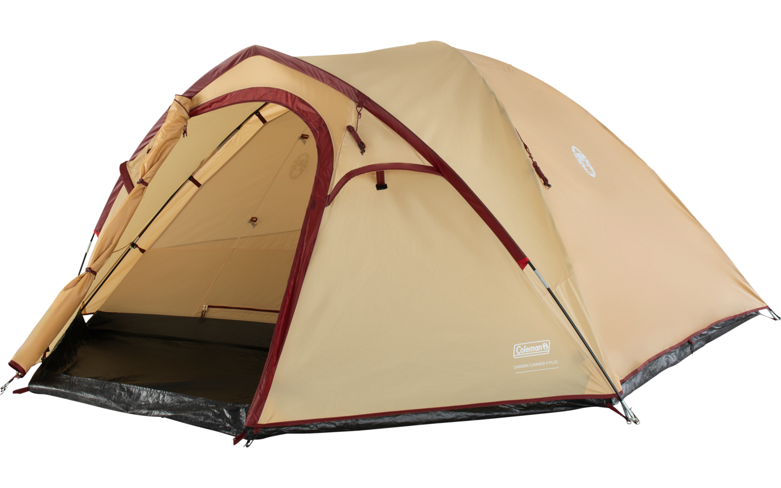 Beiges Kuppelzelt mit offenem Eingang, bordeauxroten Zierstreifen und sichtbarem Coleman-Logo