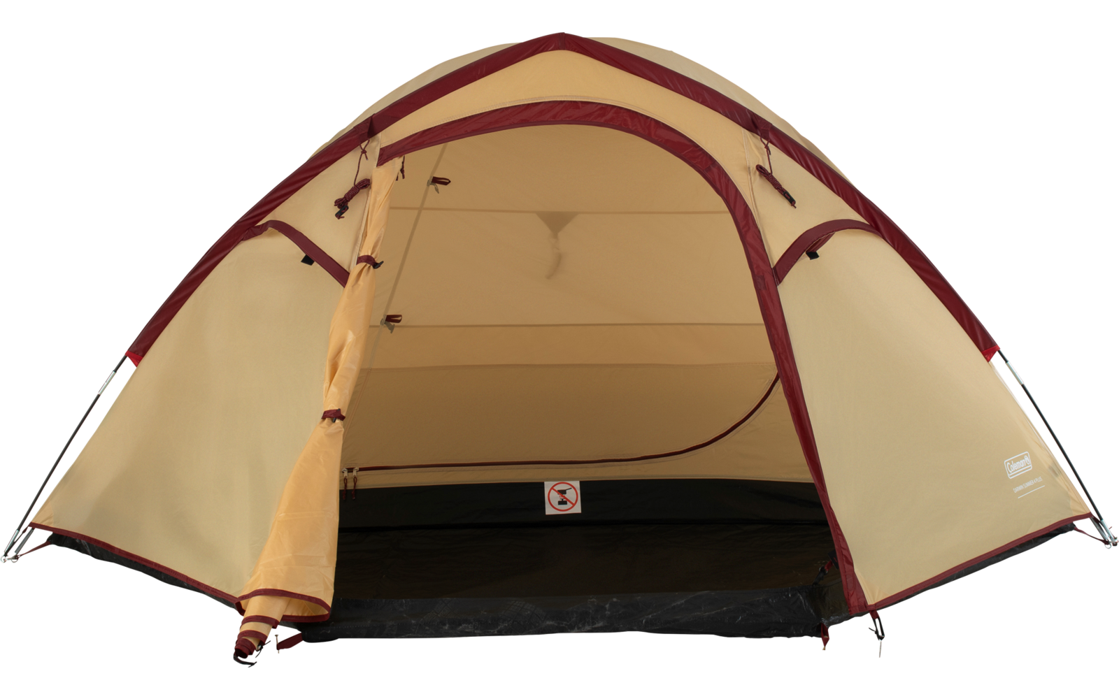 Beiges kuppelförmiges Zelt mit geöffnetem Vordeingang, aufgerollter Tür links, dunklem Boden und roten Zierstreifen