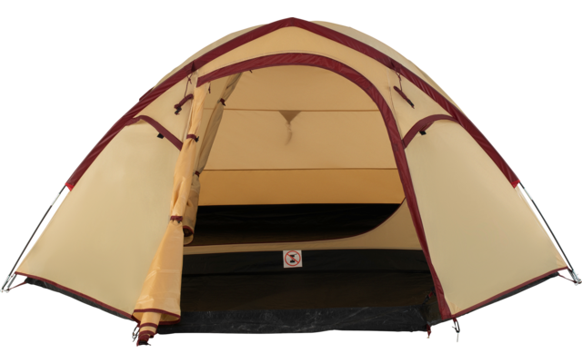 Beiges und bordeauxfarbenes Zelt mit geöffnetem Eingang, sichtbarem Innenraum und schwarzem Boden
