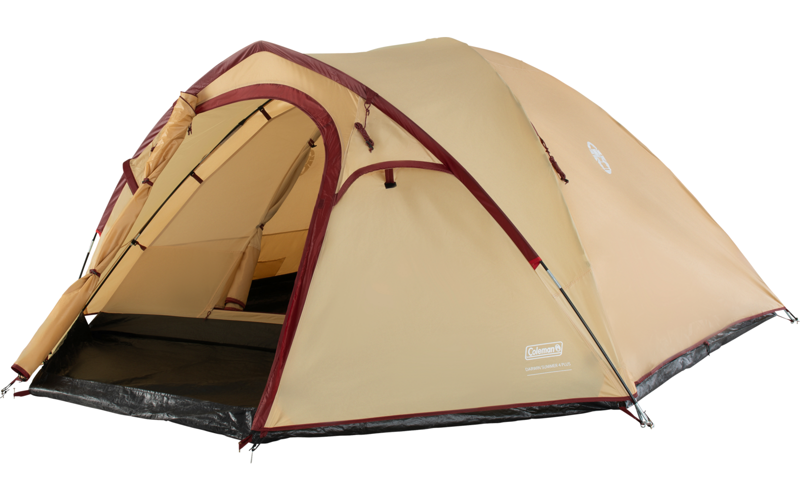 Beiges Campingzelt mit geöffnetem Eingang, burgunderfarbenen Zierstreifen, sichtbarem Gestänge und dunklem Innenboden