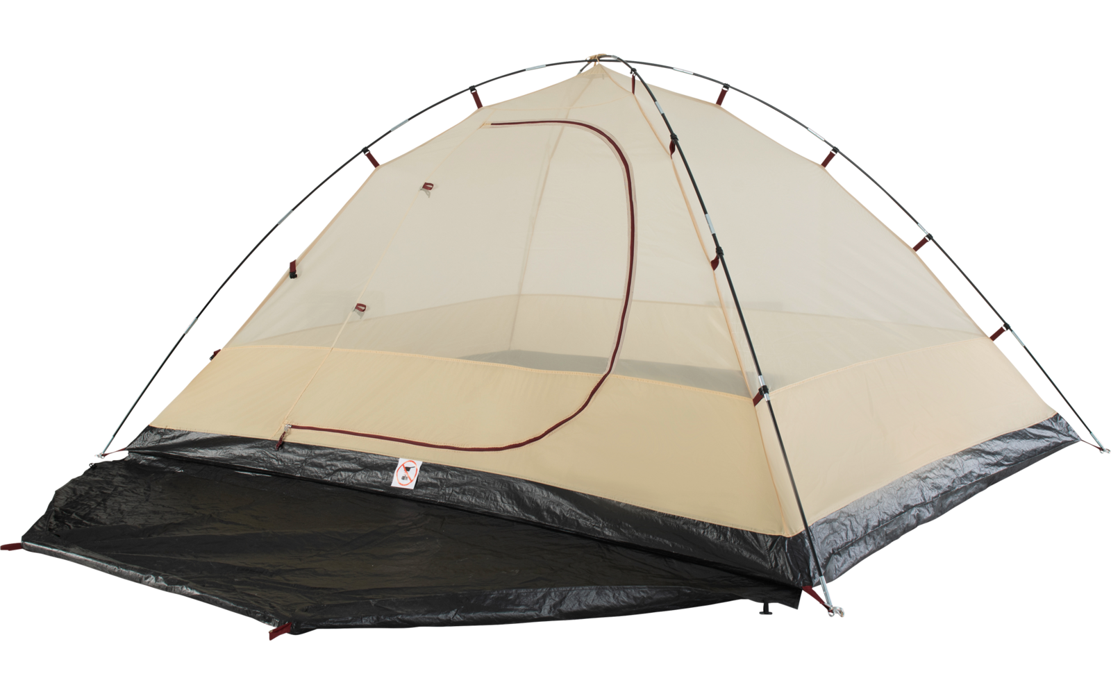 Beiges Kuppelzelt mit zwei gekreuzten Gestängebögen, halbtransparentem Obermaterial, schwarzem Boden und offenem Eingang mit Reißverschluss