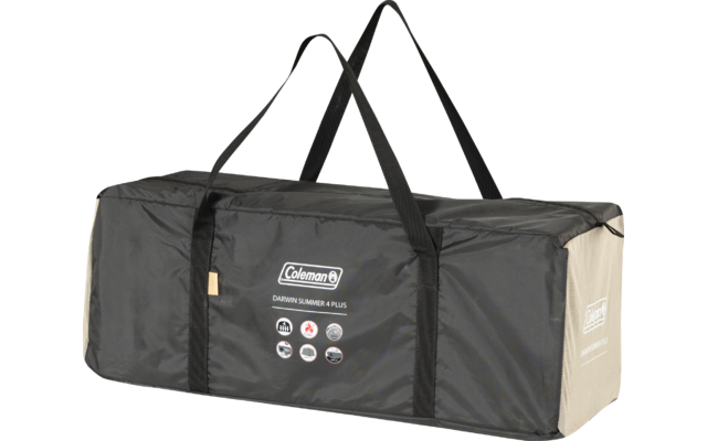 Rechteckige schwarze Tragetasche mit zwei schwarzen Tragegriffen, hellen Endpaneelen, Coleman-Logo, oberem Reißverschluss und gedruckten Produkticons auf der Vorderseite