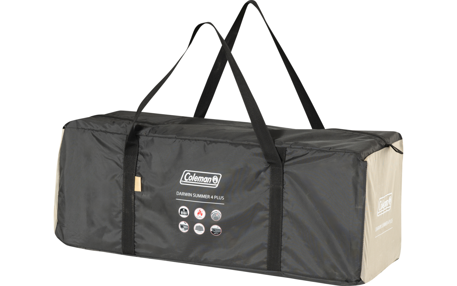 Rechteckige schwarze Tragetasche mit zwei schwarzen Tragegriffen, hellen Endpaneelen, Coleman-Logo, oberem Reißverschluss und gedruckten Produkticons auf der Vorderseite
