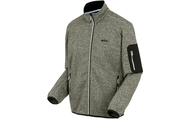 Graue Fleecejacke mit Reißverschluss und schwarzem Reißverschlussfach am linken Ärmel