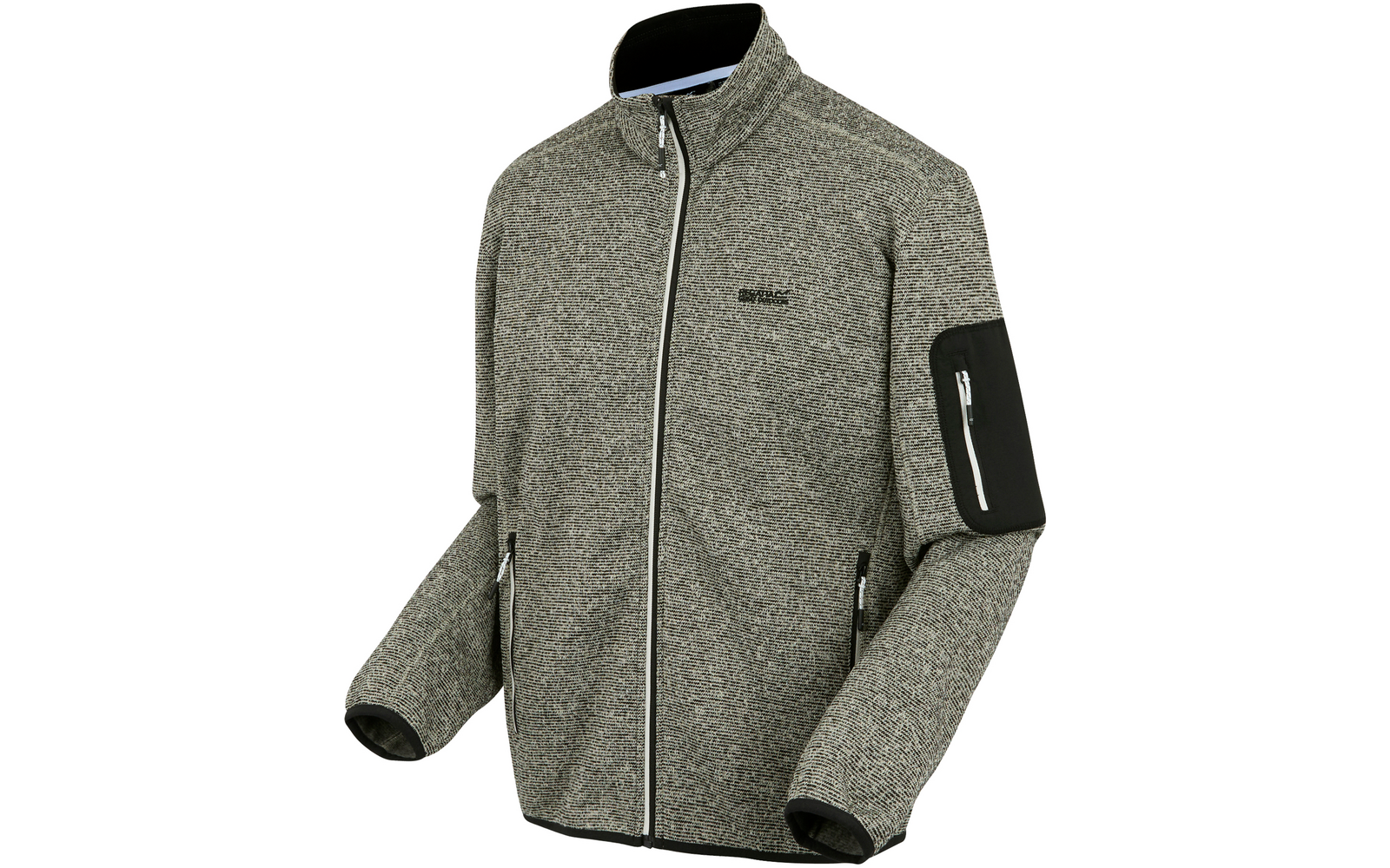 Graue Fleecejacke mit Reißverschluss und schwarzem Reißverschlussfach am linken Ärmel
