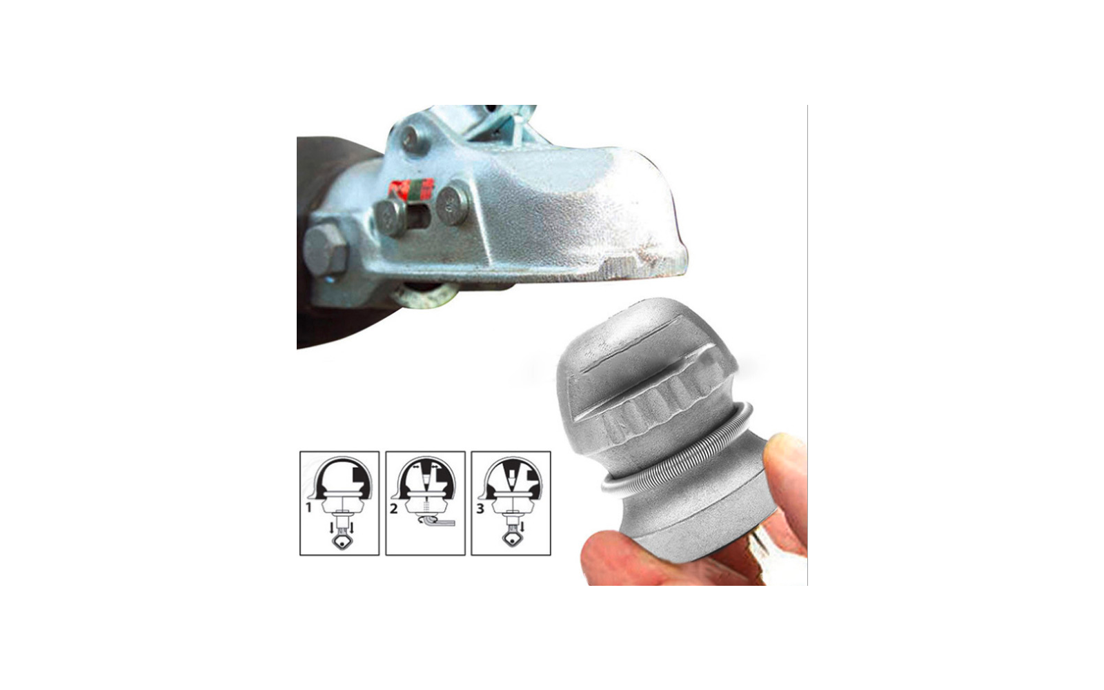 Nahaufnahme einer silbernen Anhängerkupplung und einer Hand, die ein silbernes Metallteil hält; unten drei kleine schwarz-weiße Installationspiktogramme