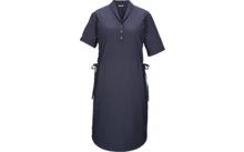 Dunkelblaues knielanges Kleid mit kurzen Ärmeln, V-Ausschnitt mit drei Knöpfen und seitlichen Bindebändern