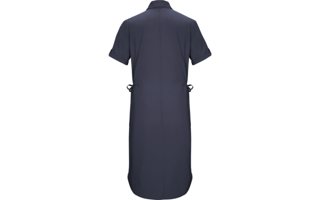 Rückenansicht eines knielangen dunkelblauen Hemdkleids mit Kragen, kurzen Ärmeln, mittiger Rückennaht und seitlichen Bändern