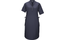 Dunkelblaues knielanges Kleid mit kurzen Ärmeln, V-Ausschnitt mit drei Knöpfen und seitlichen Bindebändern
