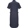Rückenansicht eines knielangen dunkelblauen Hemdkleids mit Kragen, kurzen Ärmeln, mittiger Rückennaht und seitlichen Bändern