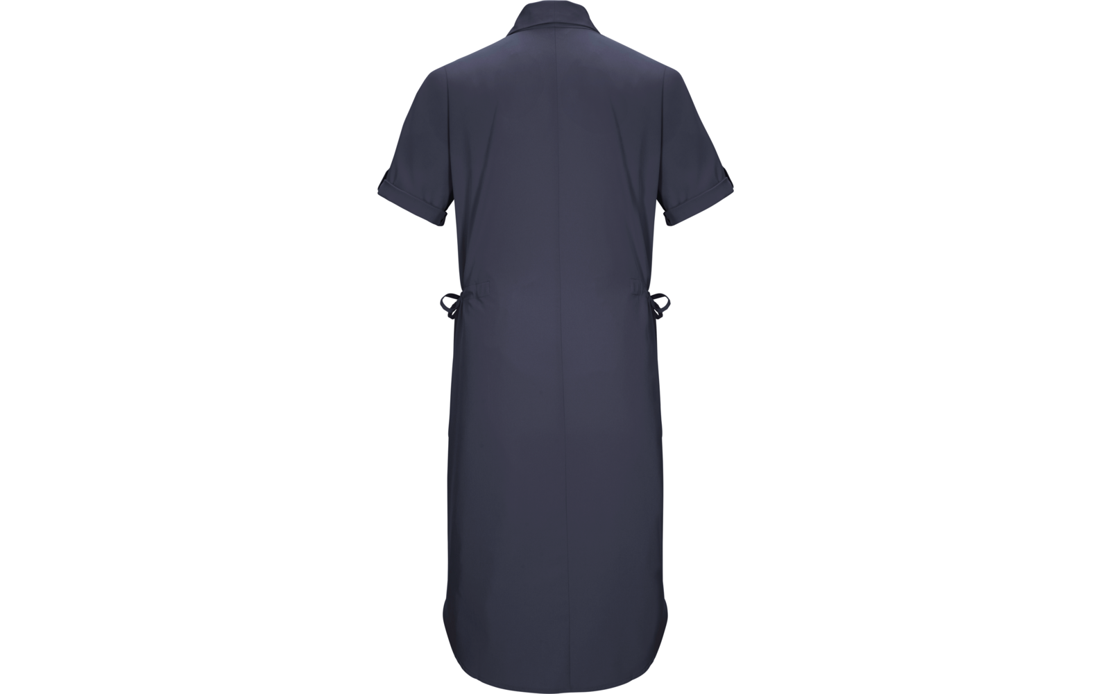 Rückenansicht eines knielangen dunkelblauen Hemdkleids mit Kragen, kurzen Ärmeln, mittiger Rückennaht und seitlichen Bändern