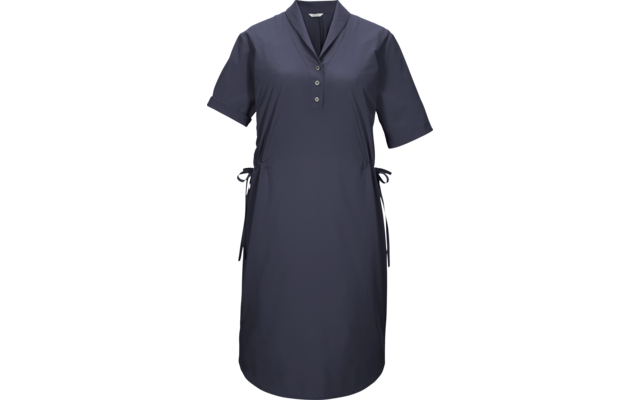 Vestido azul oscuro hasta la rodilla con mangas cortas, escote en V con tres botones y lazos laterales