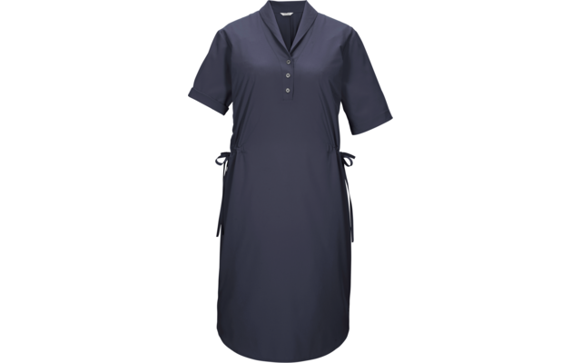 Dunkelblaues knielanges Kleid mit kurzen Ärmeln, V-Ausschnitt mit drei Knöpfen und seitlichen Bindebändern