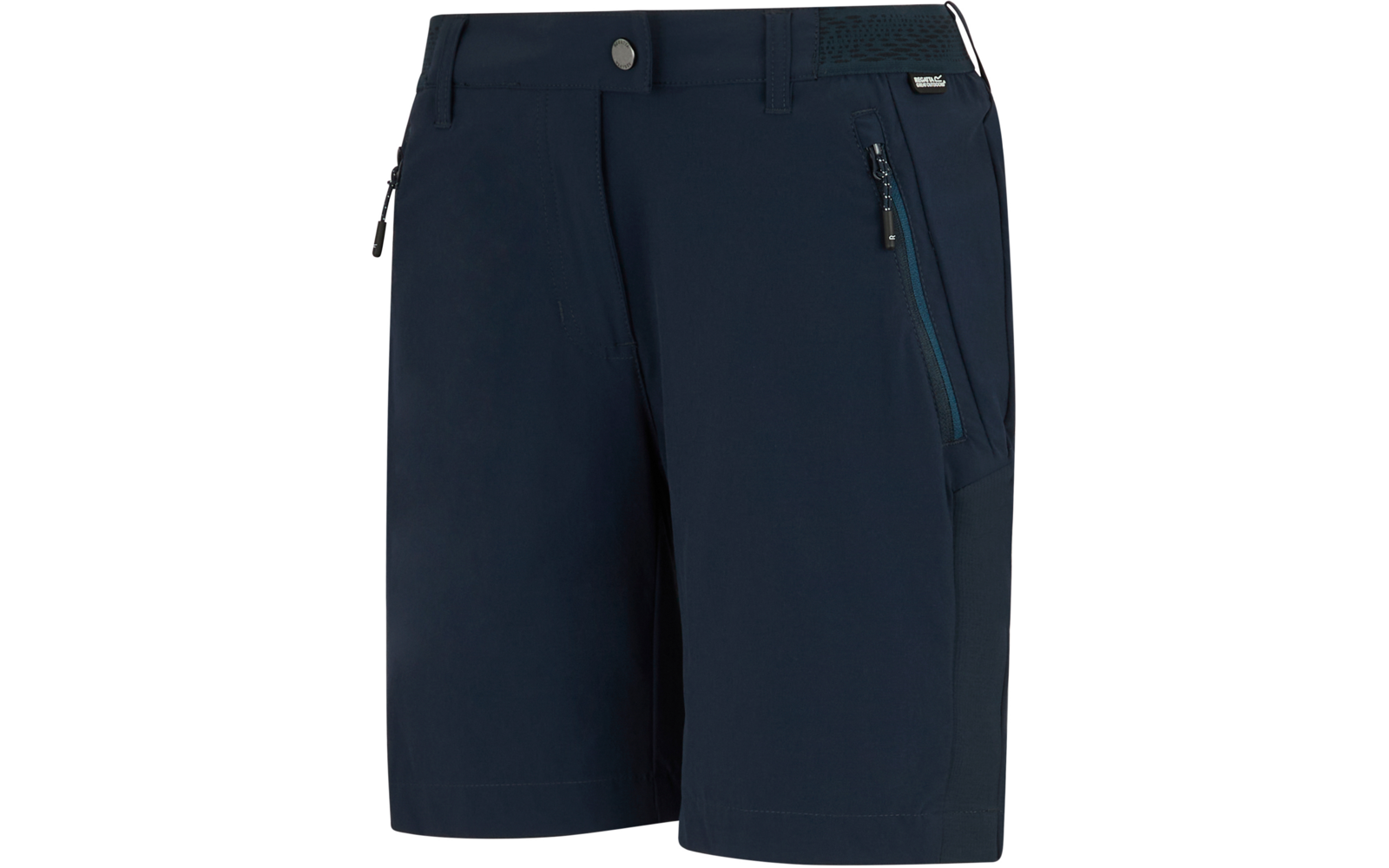 Dunkelblaue Shorts mit seitlichen Reißverschlusstaschen, Knopfverschluss, Gürtelschlaufen und kleinem Logoetikett am Bund