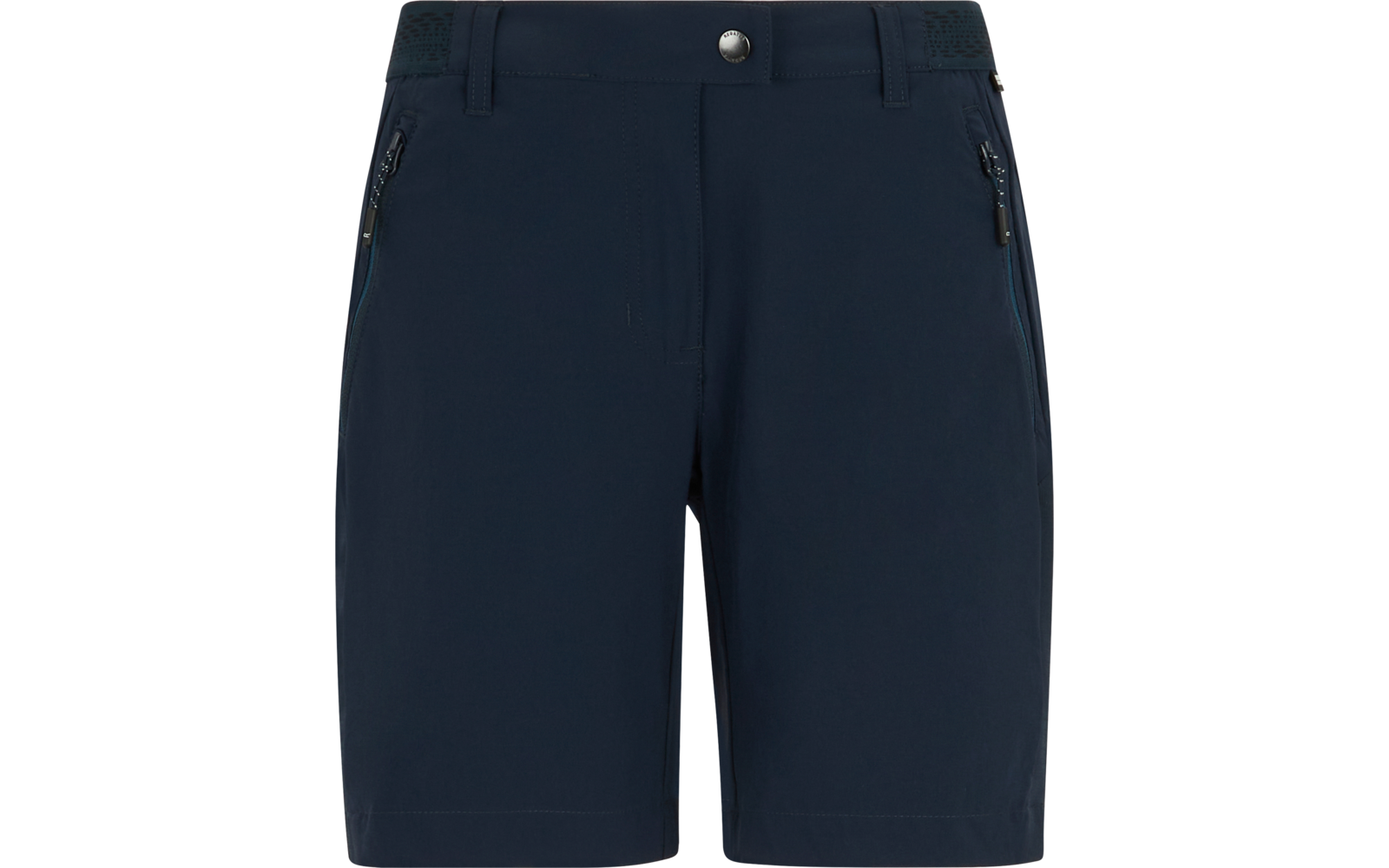 Dunkelblaue Shorts mit Gürtelschlaufen, Knopfverschluss und zwei Reißverschlusstaschen vorne
