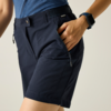 Unterer Rumpf und obere Beine einer Person, dunkelblaue Shorts mit Reißverschlusstasche, Hand in Tasche, blau gestreiftes Shirt sichtbar, Smartwatch am Handgelenk, heller Hintergrund