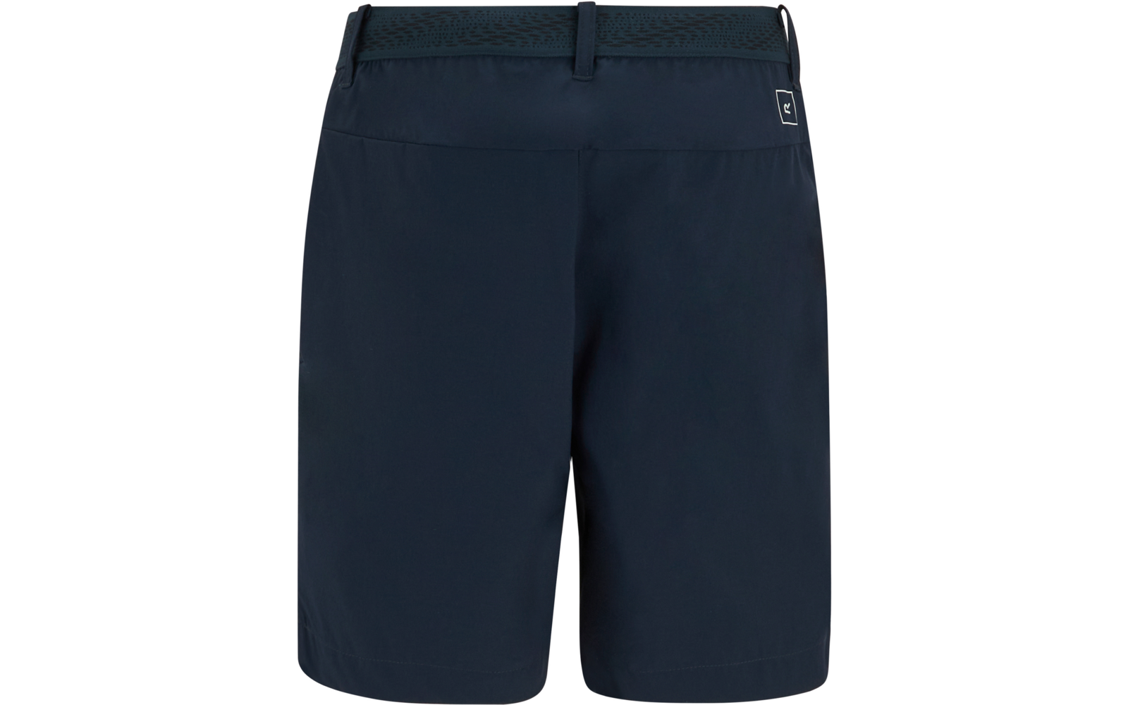Dunkelblaue Shorts, Rückansicht, Bund mit Gürtelschlaufen und kleinem quadratischem Logo rechts oben